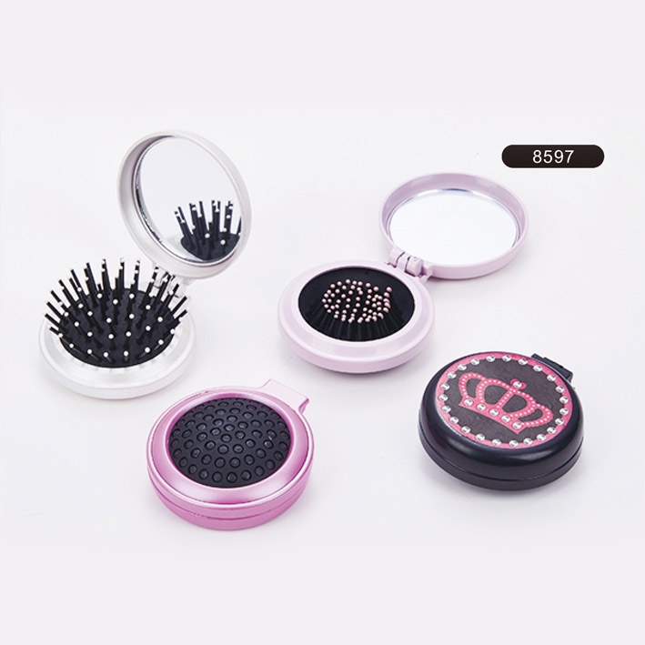 Round foldable hair brush with mirror